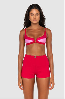 FAE Swim Gia High Waist Shorts - Strawberry Ribbed - Clasp Belt Sz M NWT